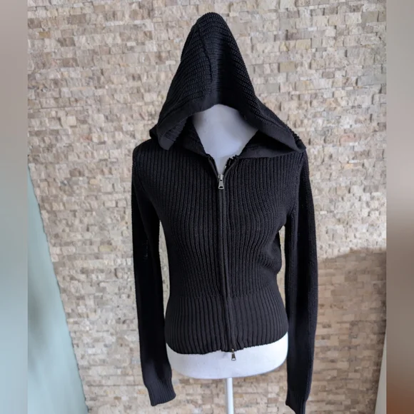Hooded Black Zip Up Sweater Cardigan Cable Knit Minimal Soft Girl Acubi XS - Picture 2 of 10